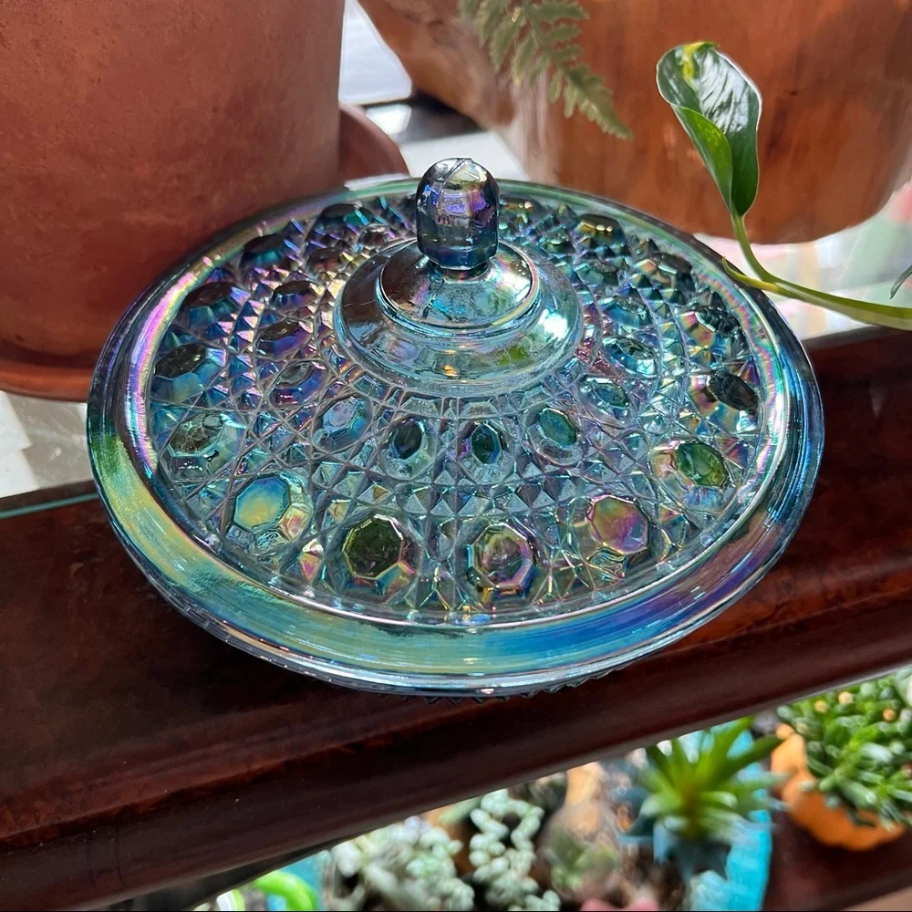 Iridescent/Blue Carnival Glass Bowl/Lid